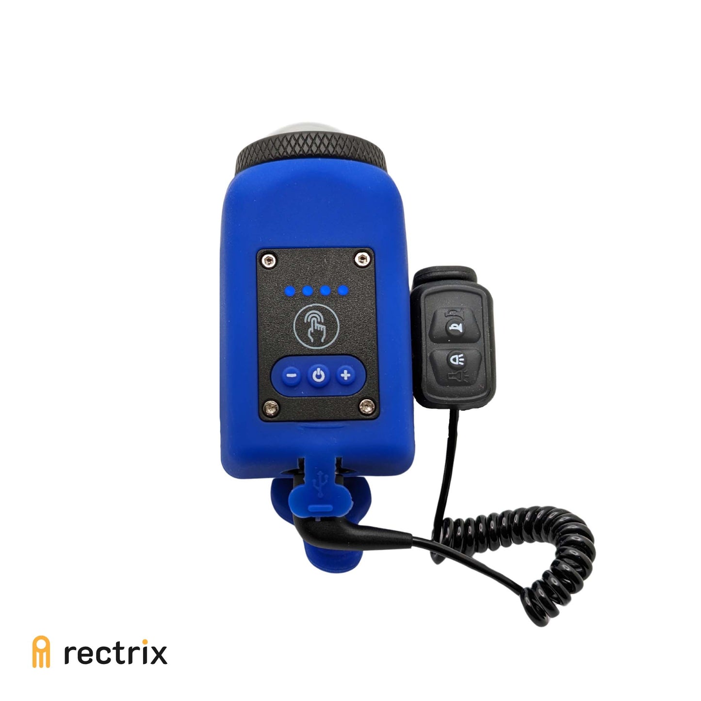 Showcasing blue variant of bike horn/bell & light combo