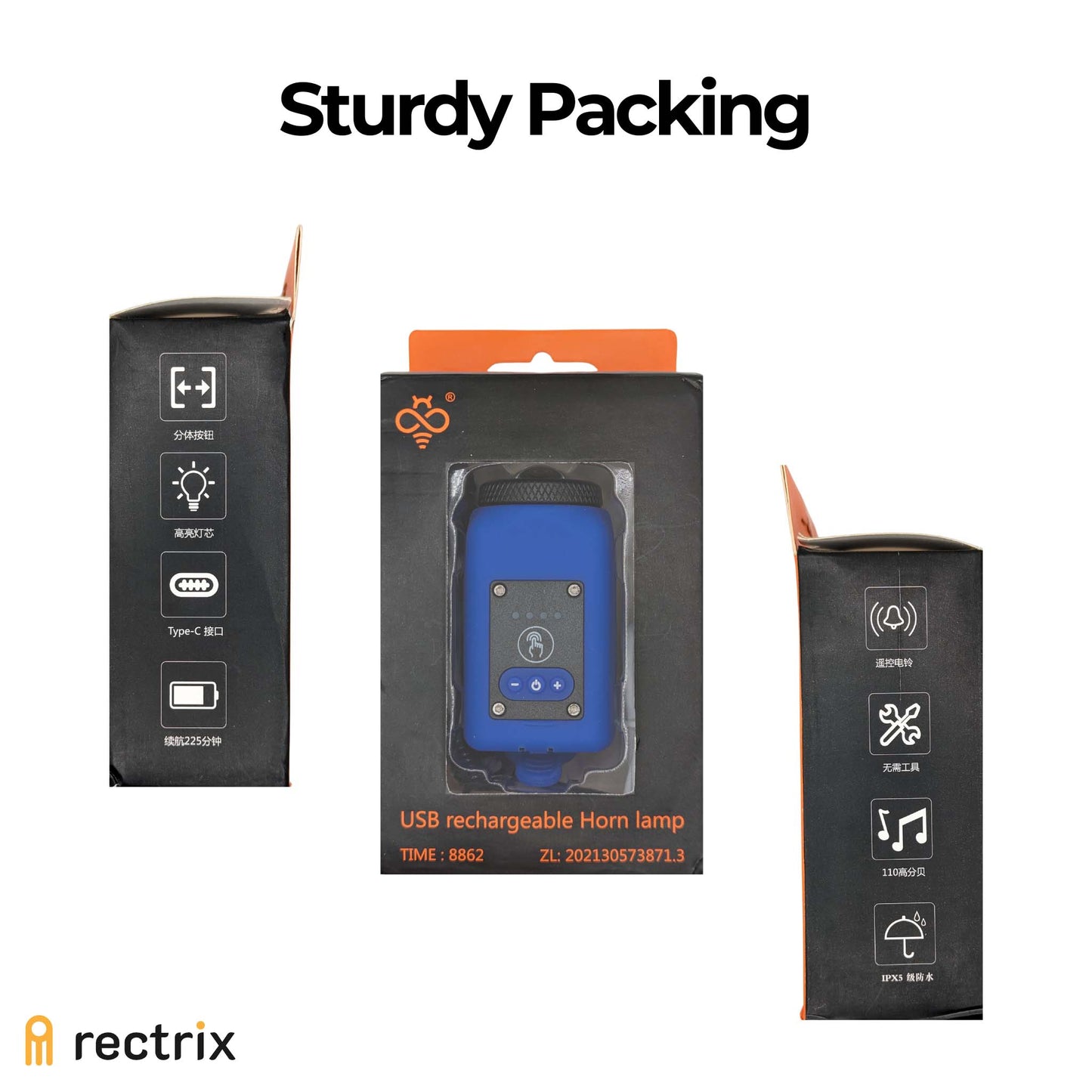 Front and side views of the product's packaging
