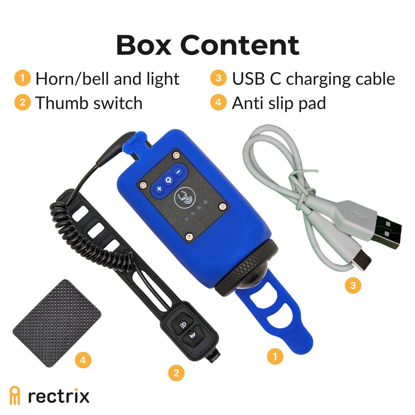 Close-up view of the box contents, which include the main unit, thumb switch, USB-C charging cable, and anti-slip pad