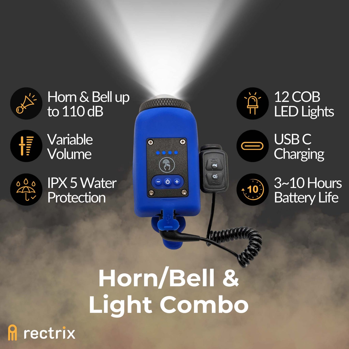 Highlighting key features of the bike horn/bell and light combo