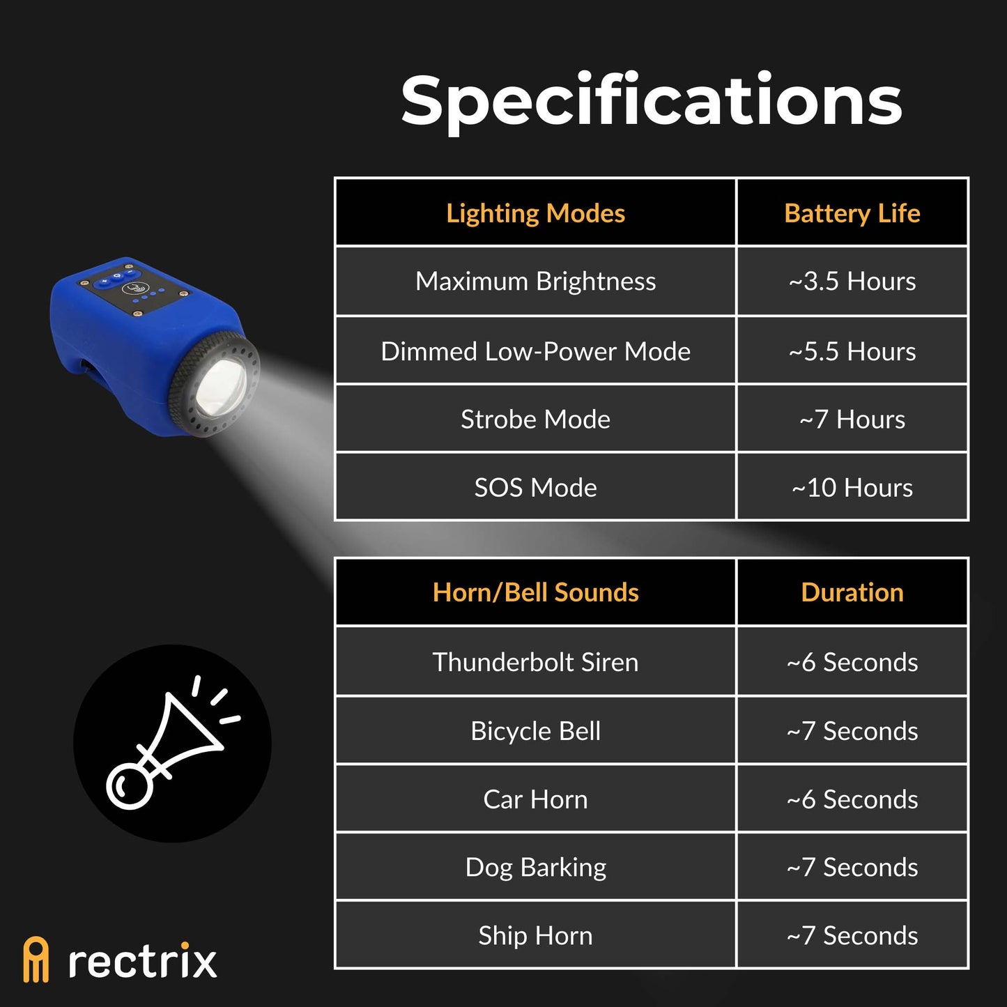 Tables presenting lighting modes versus battery life and horn sounds along with their respective durations