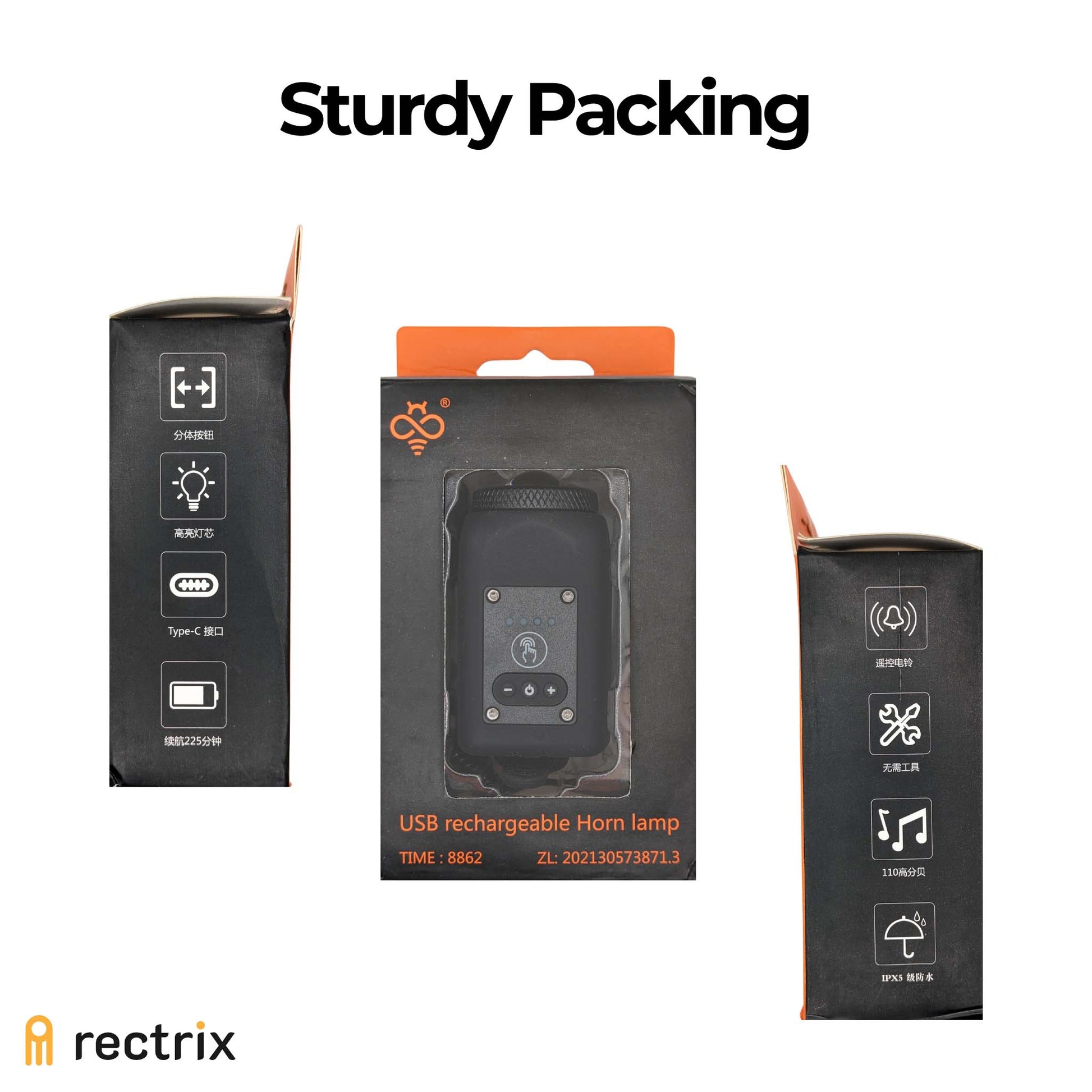 Front and side views of the product's packaging