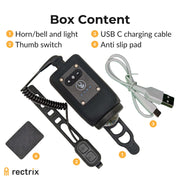 Close-up view of the box contents, which include the main unit, thumb switch, USB-C charging cable, and anti-slip pad