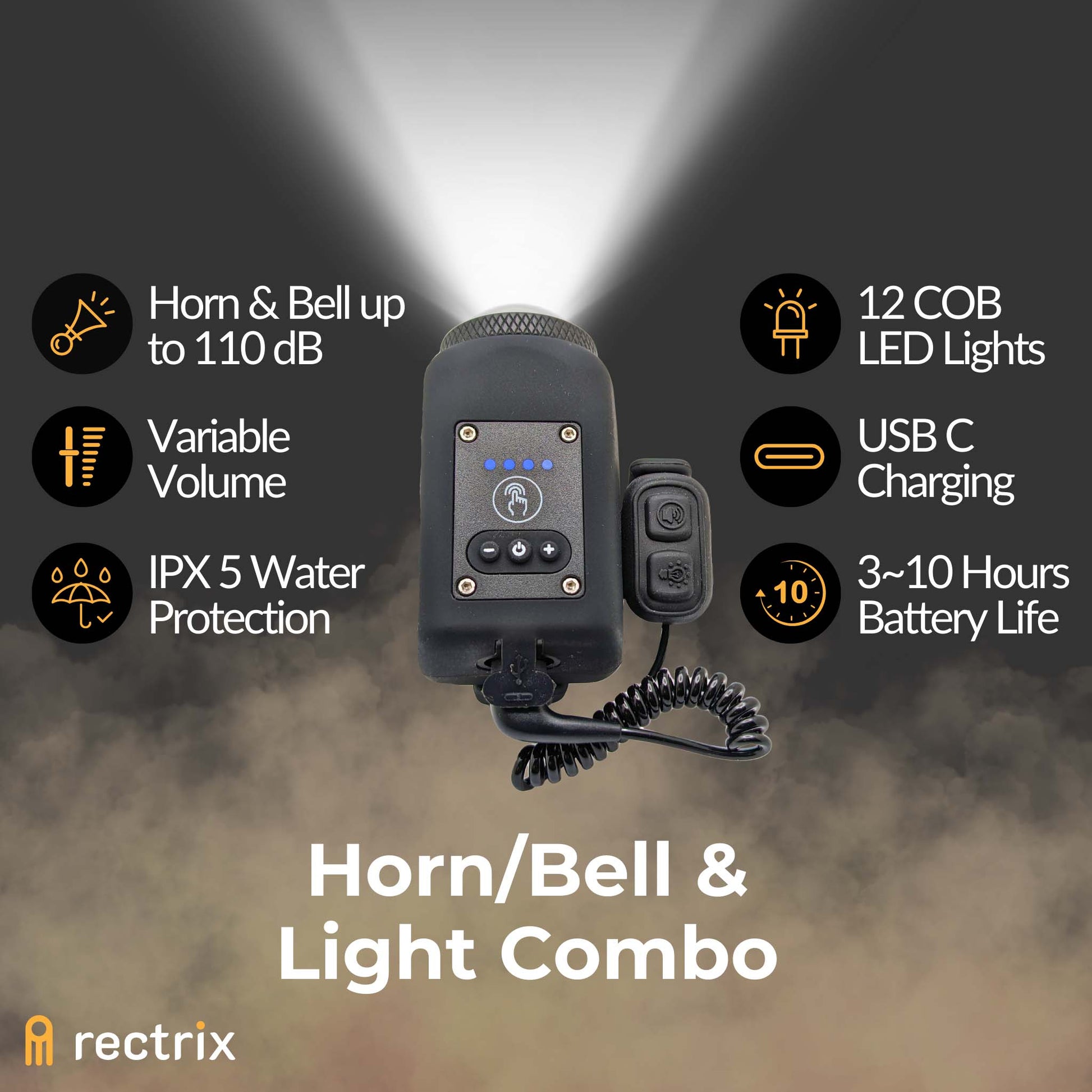 Highlighting key features of the bike horn/bell and light combo