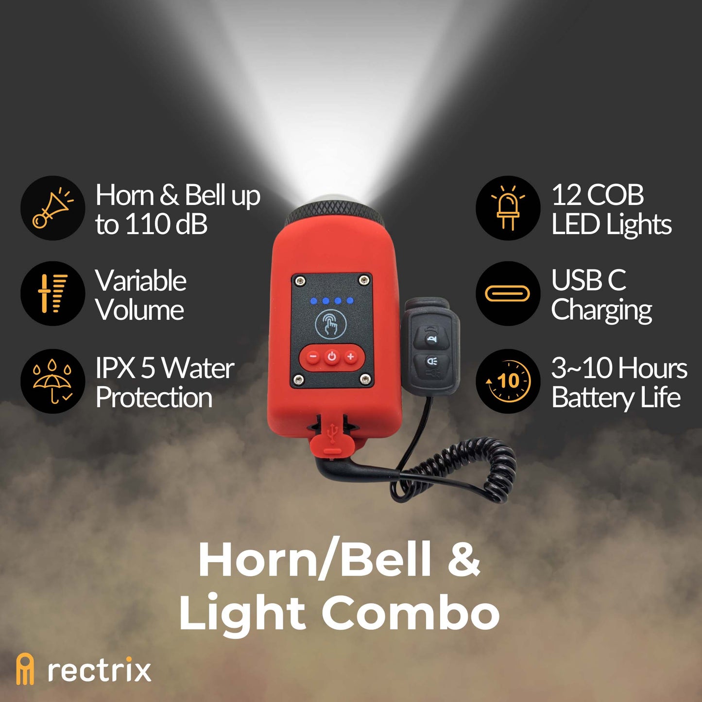 Highlighting key features of the bike horn/bell and light combo