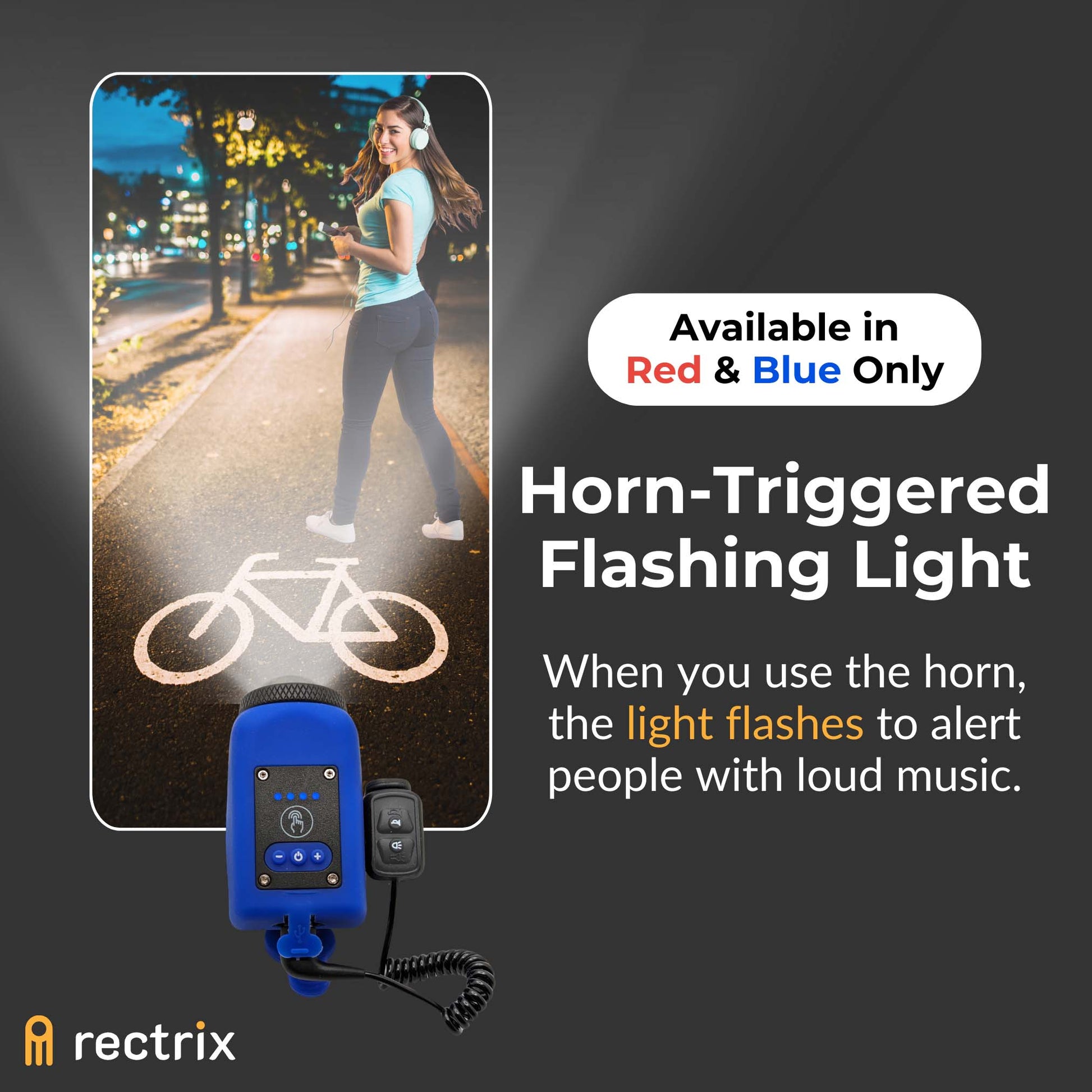 Bike horn flashes light when user activates the horn to alert individuals, especially those with loud music