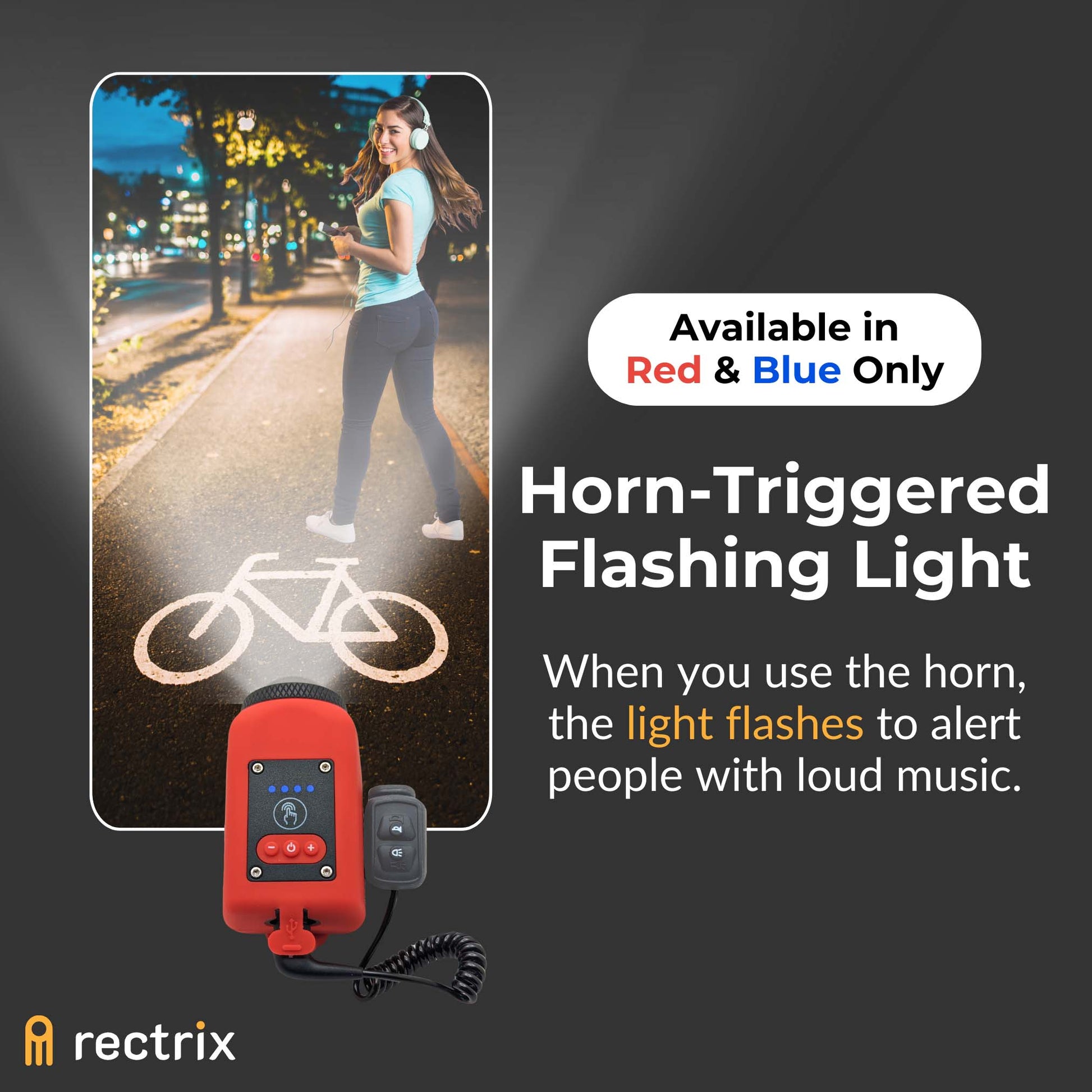 Bike horn flashes light when user activates the horn to alert individuals, especially those with loud music