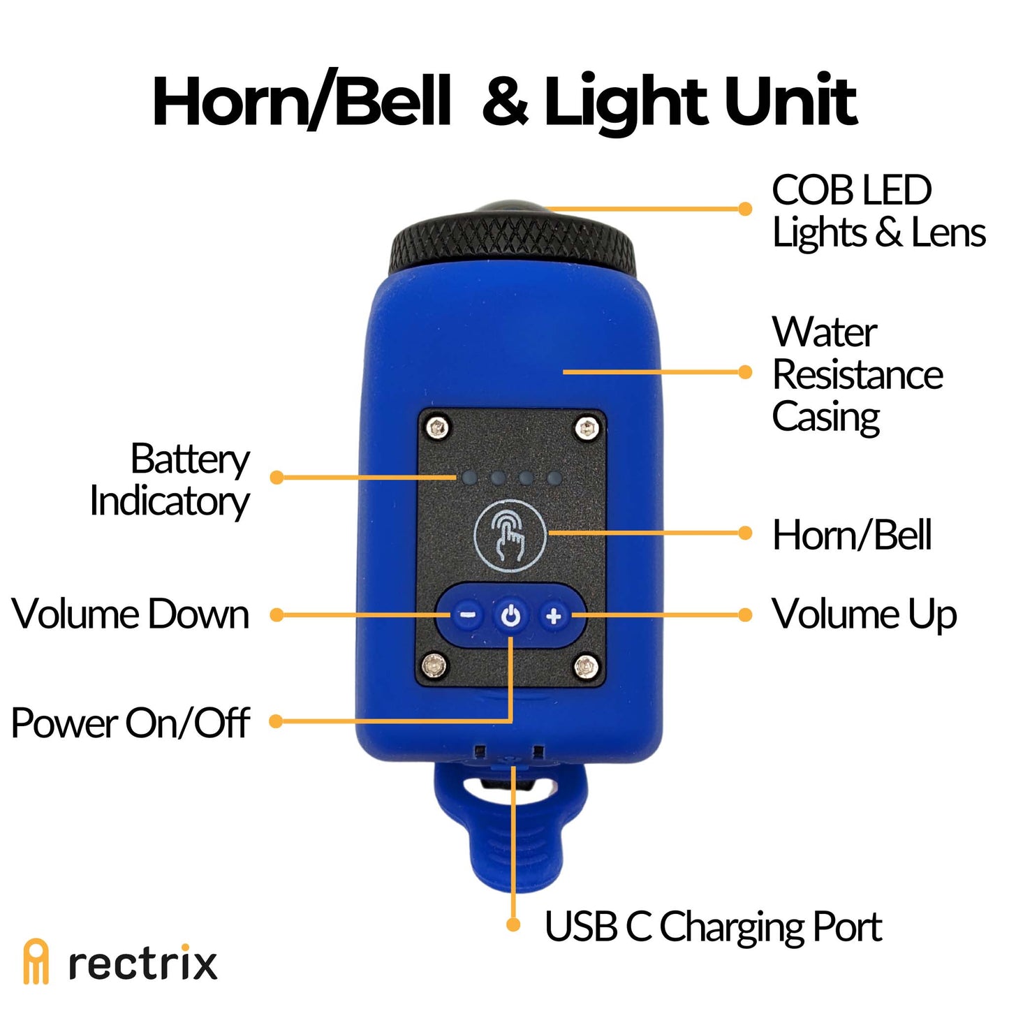 Close-up view of the product's main unit housing the light, horn, battery indicator, power button, and volume control