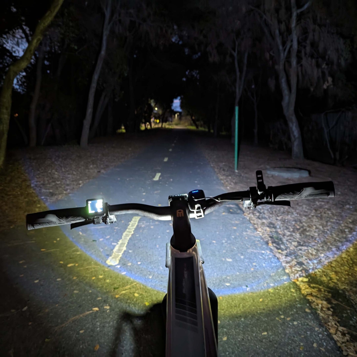 POV of the product's true brightness on a dark bike path at night