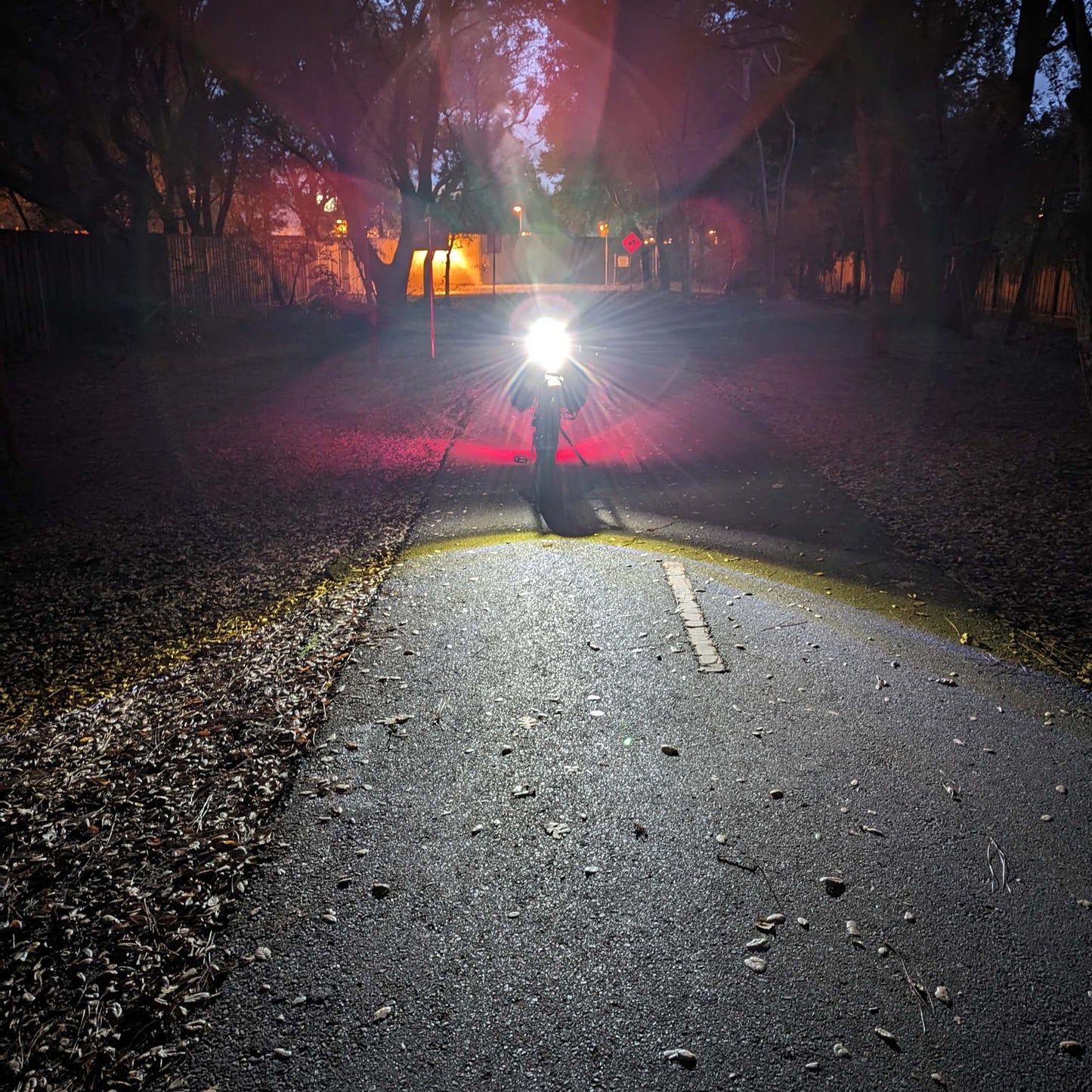 POV of the product's brightness from distance, demonstrating the bike's enhanced visibility from afar