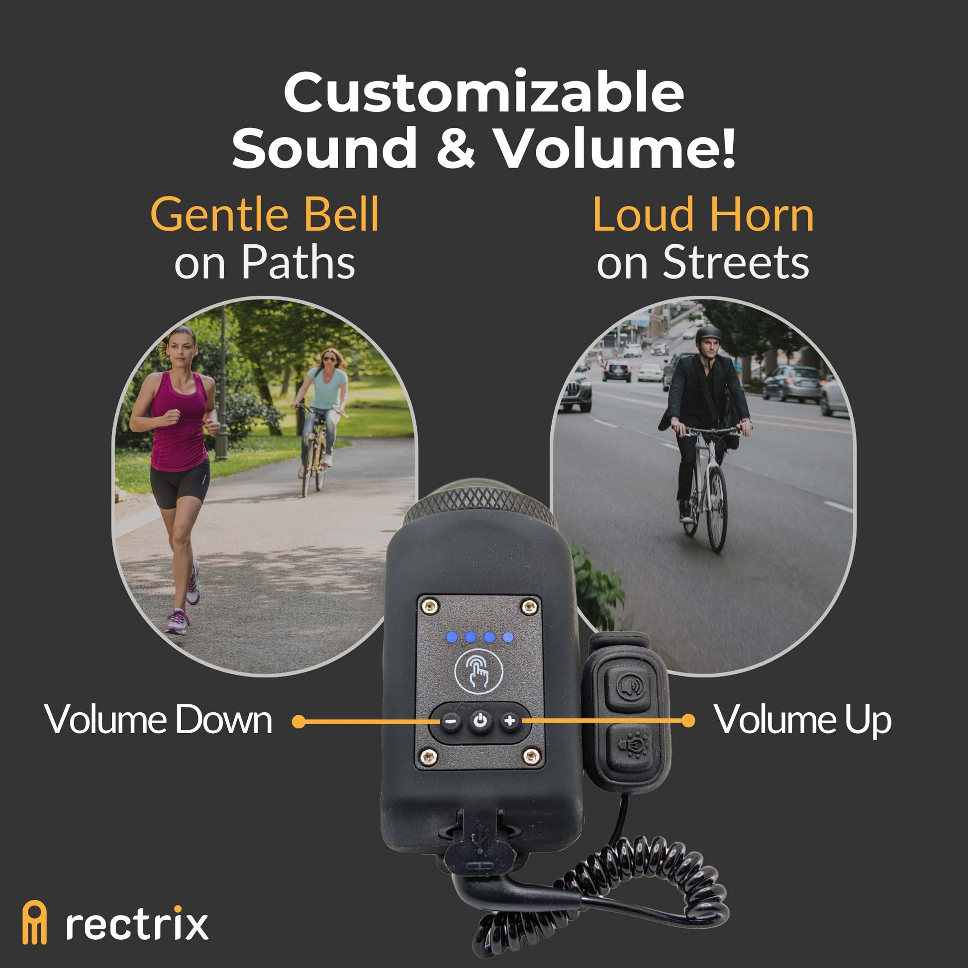 Showcasing the horn's adjustable volume for use on quiet bike paths or bustling streets