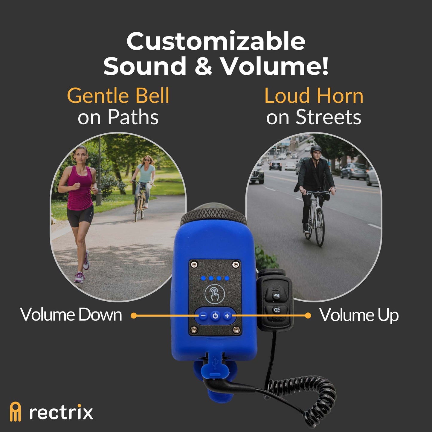 Showcasing the horn's adjustable volume for use on quiet bike paths or bustling streets