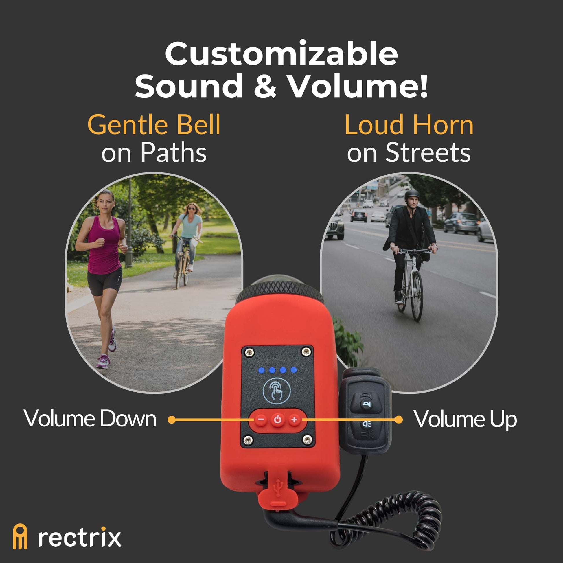 Showcasing the horn's adjustable volume for use on quiet bike paths or bustling streets